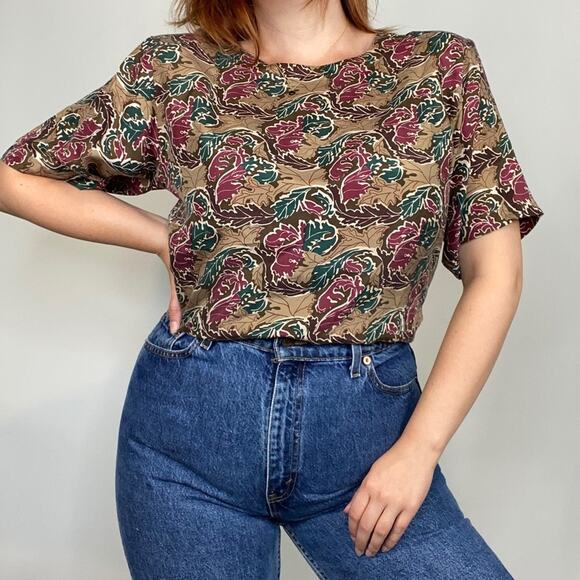 Vintage 80s Stunt Collections 100% Silk Neutral Brown Abstract Print Blouse Tee - Picture 3 of 13